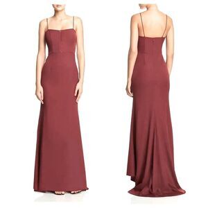 Jarlo Wine Red Maxi with Train High Low Formal Dress Fluted Noelle Evening Gown